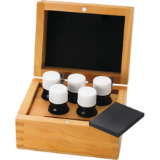 Wooden Box with 5 Acid Bottles & 1 Stone